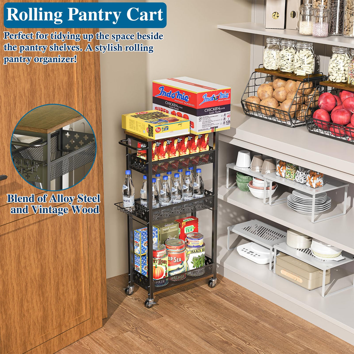 OKZEST Rolling Slim Storage Cart, 4-Tier Narrow Bathroom Organizers and Storage Cart, Metal Narrow Kitchen Laundry Room Organization Shelf with Wood Top, Slim Utility Cart with Wheels for Small Space OKZEST