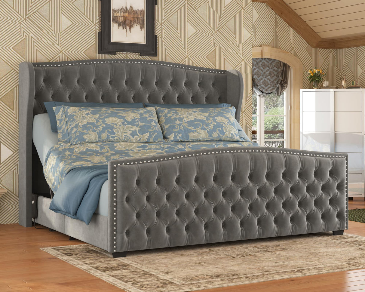 AMERLIFE King Size Adjustable Bed Frame with 51" H Velvet Upholstered and Deep Button Tufted Headboard, Electric Bed with Dual Motor/Nailhead Trim Wingback, No Box Spring Needed, Grey AMERLIFE
