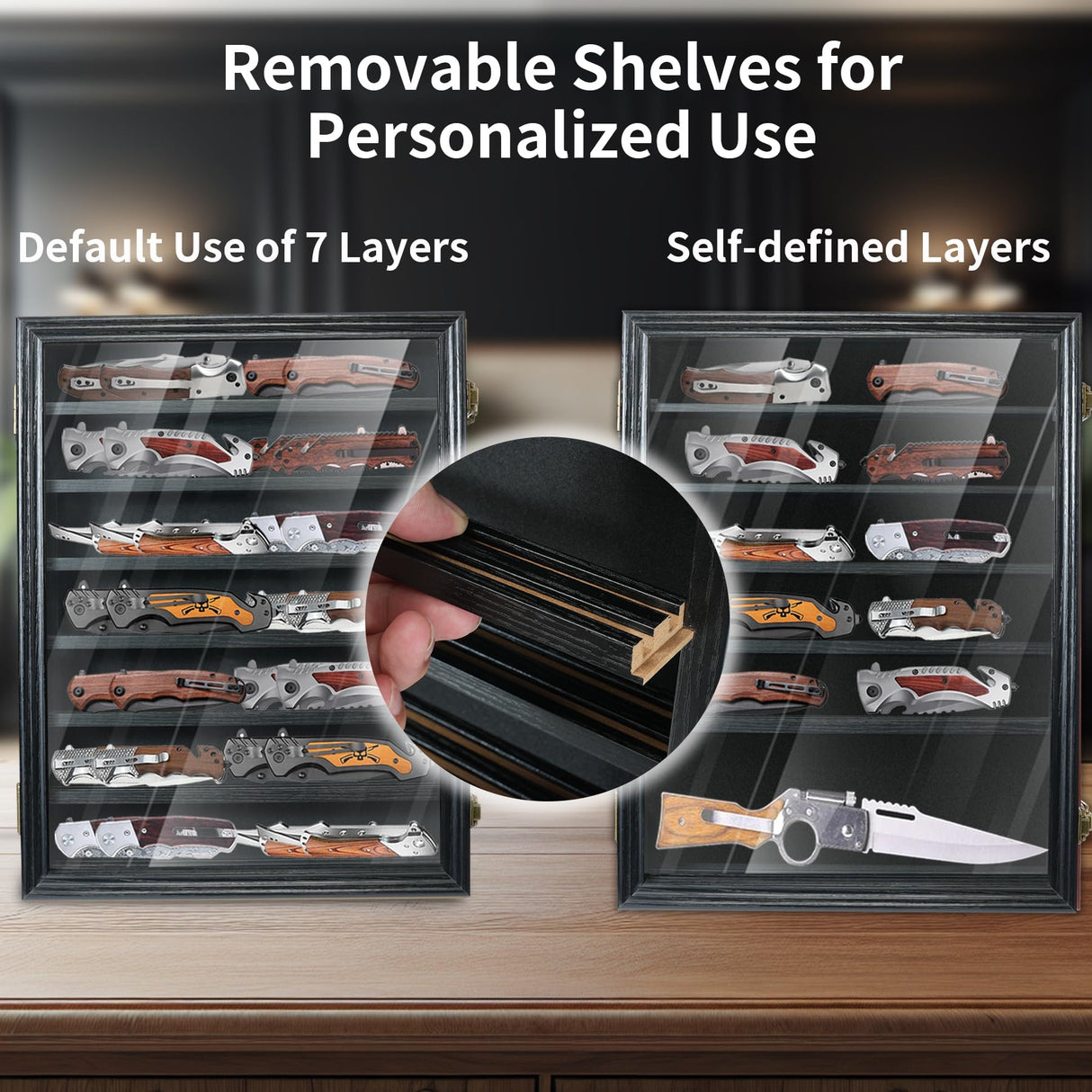 YRCKUDZKG Knife Display Case for Collections, Pocket Knife Display Case with HD Tempered Glass, Lockable Storage Cases with Removable Shelves, Wall-Mounted 7-Layer Wood Cabinet, Black YRCKUDZKG