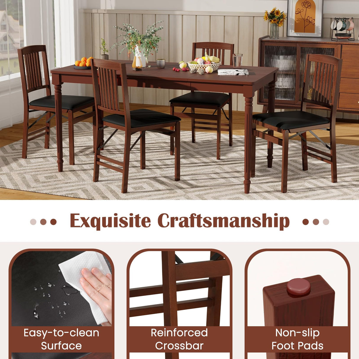 Giantex Folding Dining Chairs Set of 2, Solid Wood Frame, Foldable Wood Kitchen Chairs with Padded Seat, Max Load 400 Lbs, No Assembly, Armless Side Chairs for Apartment Dining Room, Brown & Black Giantex
