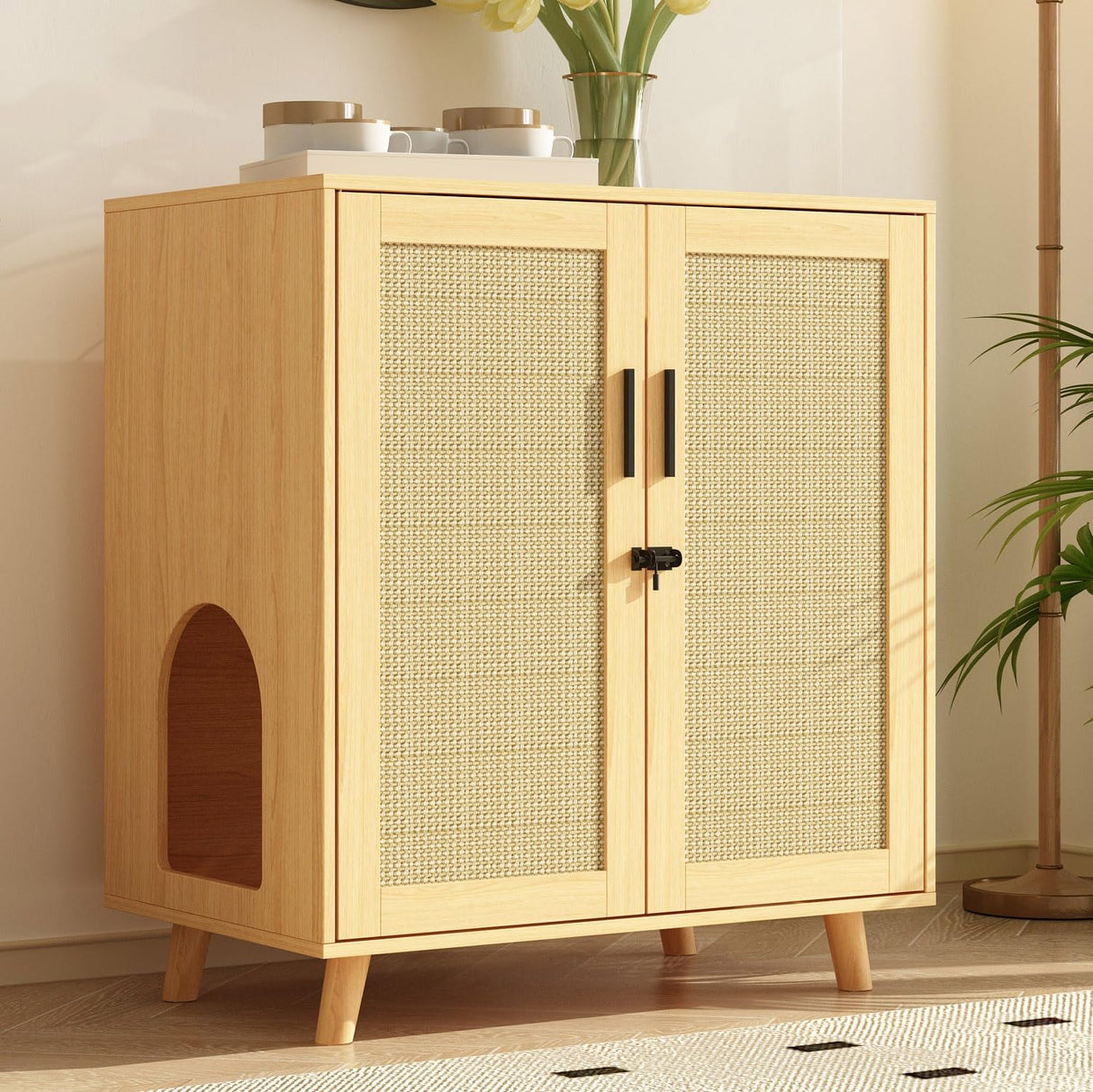 DAWNSPACES Large Cat litter Box Enclosure, 2 In 1 Hidden Cat Washroom Furniture with Sisal Covered Doors, 2 Layers Wooden Cat Cabinet with Adjustable Shelf, Side Table TV Stand for Living Room,Natural DAWNSPACES