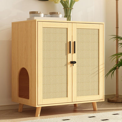 DAWNSPACES Large Cat litter Box Enclosure, 2 In 1 Hidden Cat Washroom Furniture with Sisal Covered Doors, 2 Layers Wooden Cat Cabinet with Adjustable Shelf, Side Table TV Stand for Living Room,Natural