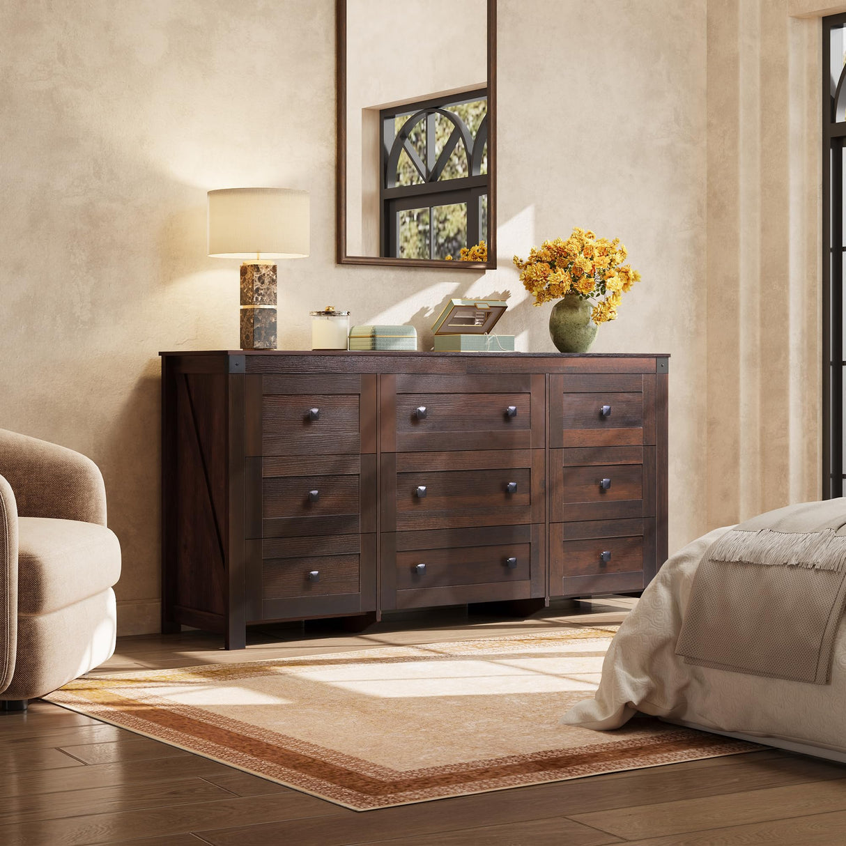 WLIVE Farmhouse Dresser for Bedroom, 63" Wide 9 Drawer Dresser Storage Organizer, Wood Chest of Drawers for Bedroom, TV Stand for 70 inch TV for Living Room, Hallway, Ball Bearing Slide (Brown) WLIVE