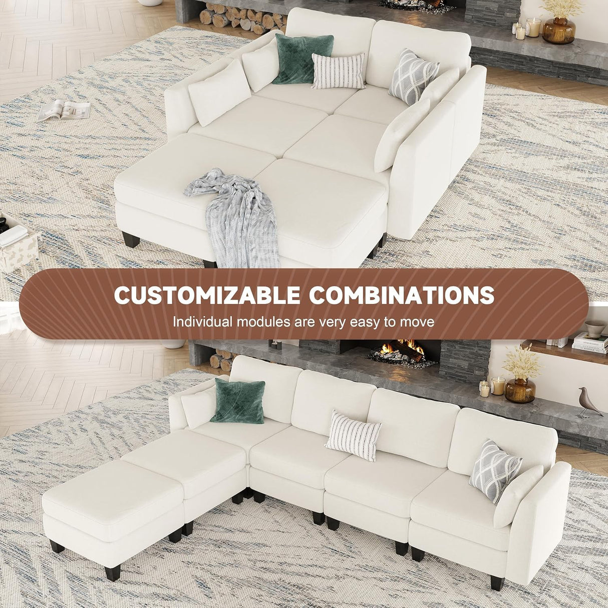 Huatean Home Modular Sectional Sofa, Convertible U Shaped Sofa Couch with High Density Memory Foam, Modern U Shaped Sectional Sofa, 6 Seat Comfy Modular Sofa Couch for Living Room, Beige Huatean Home