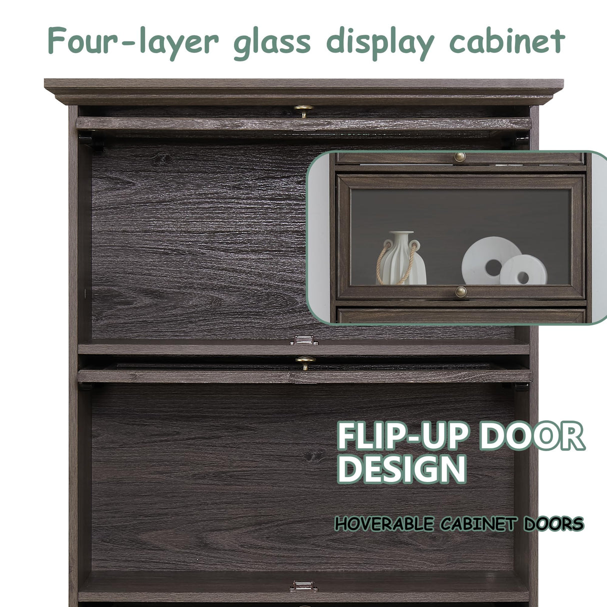 HIUU Brown Glass Display Curio Cabinet with Glass Doors,Brown Showcase Display Cabinet,Shelves with Flip-Up Glass Doors,Farmhouse Barrister Bookcase HIUU