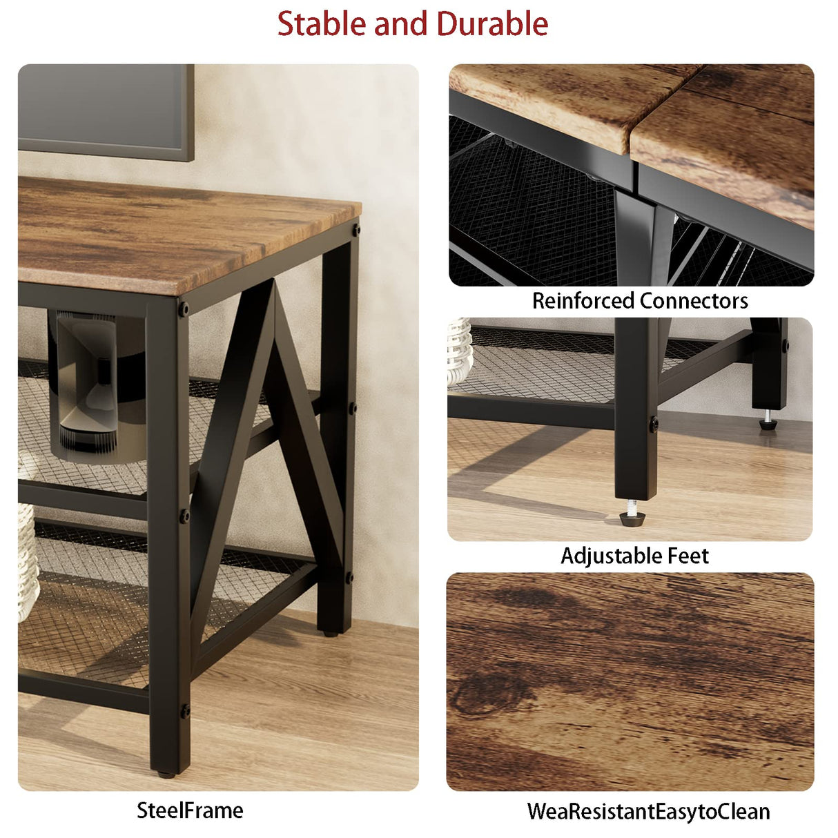 Katrawu TV Stand for TV up to 55 Inch, Long 43" TV Cabinet with 3-Tier Storage Shelves,Entertainment Center TV Console Table for Living Room with Industrial TV Metal Frame, Rustic Brown Katrawu