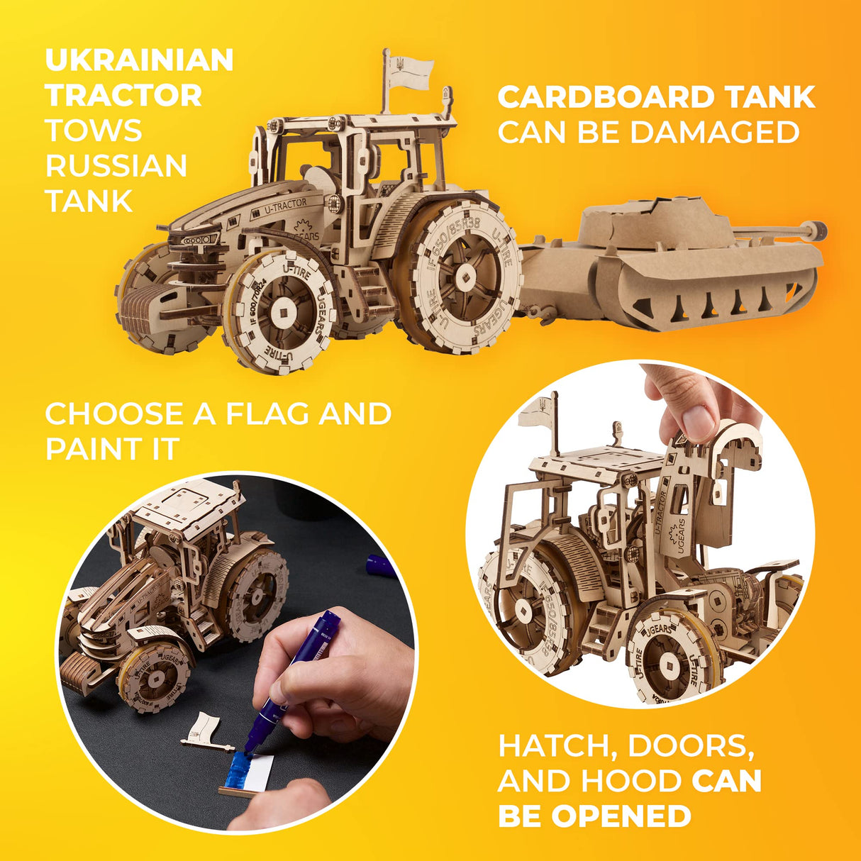 UGEARS The Tractor Wins Model Kits - Spring - Driven Model Tractor Kits to Build with Folding Paper Tank - 3D Wooden Tractor Model Kit for Self - Assembly - Mechanical 3D Puzzles for Adults and Kids UGEARS