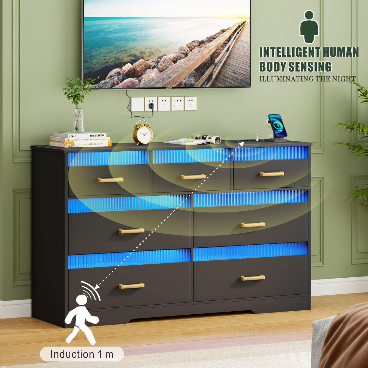 FREDEES 7 Drawers Dresser for Bedroom with LED Light, Large Chest of Drawers, Modern Black Dresser with Charging Station, Wood Bedroom Dressers for Closet/Living Room/Hallway FREDEES