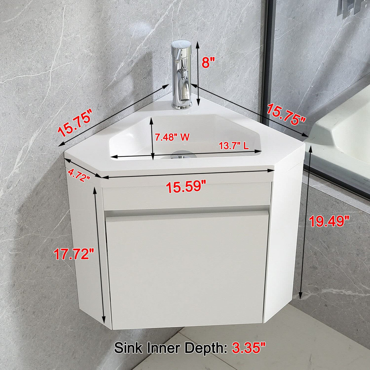 wonline 16" Corner Bathroom Vanity Sink Combo for Small Space Wall Mounted Cabinet Set Design White Resin Basin Sink Top Chrome Faucet and Drain wonline