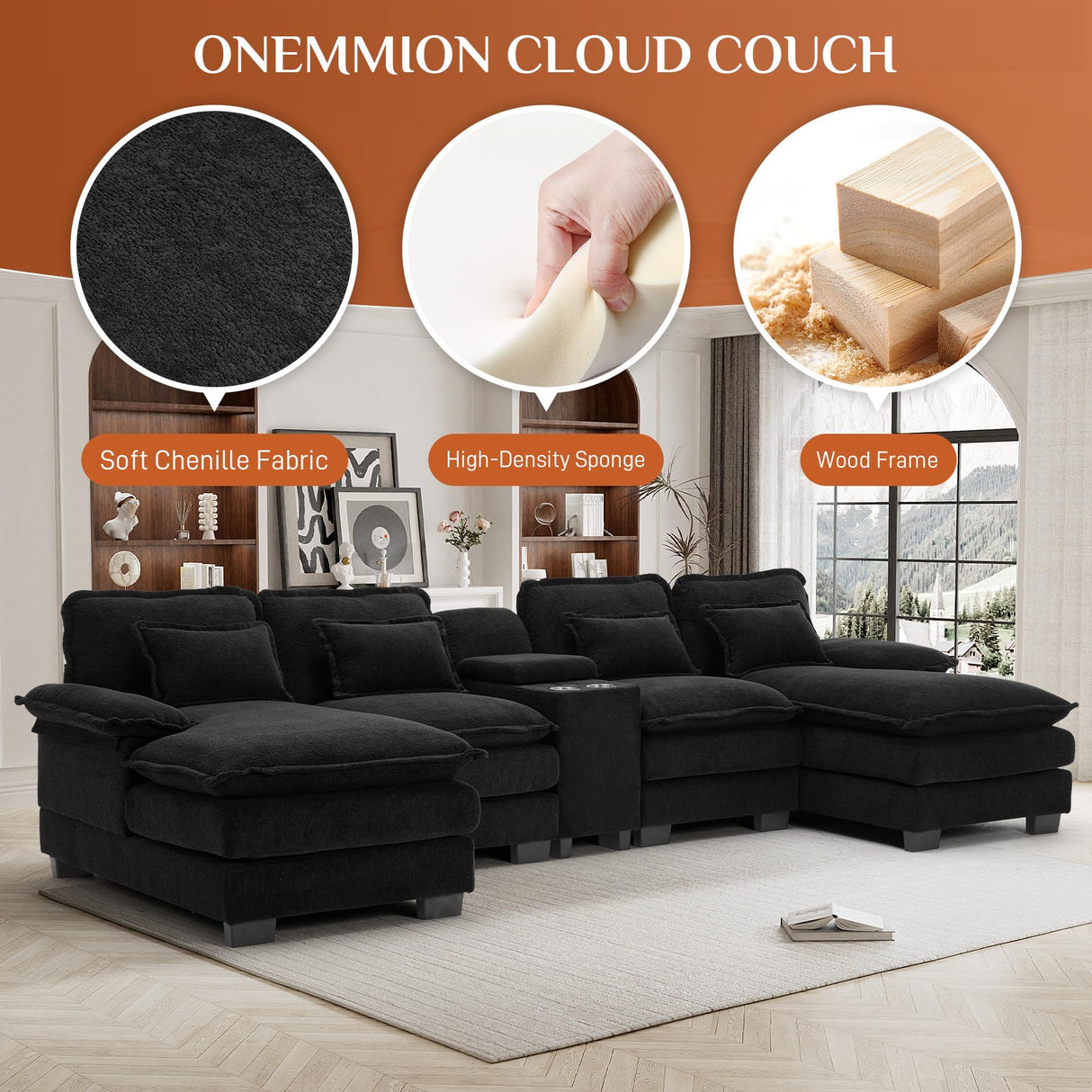 U Shaped Cloud Couch Sectional Sofa, 124" Comfy Fluffy Chenille Cloud Black Sectional Couches for Living Room with Double Chaise Lounge, Modern Modular Sofa with Central Console & USB Port ONEMMLION