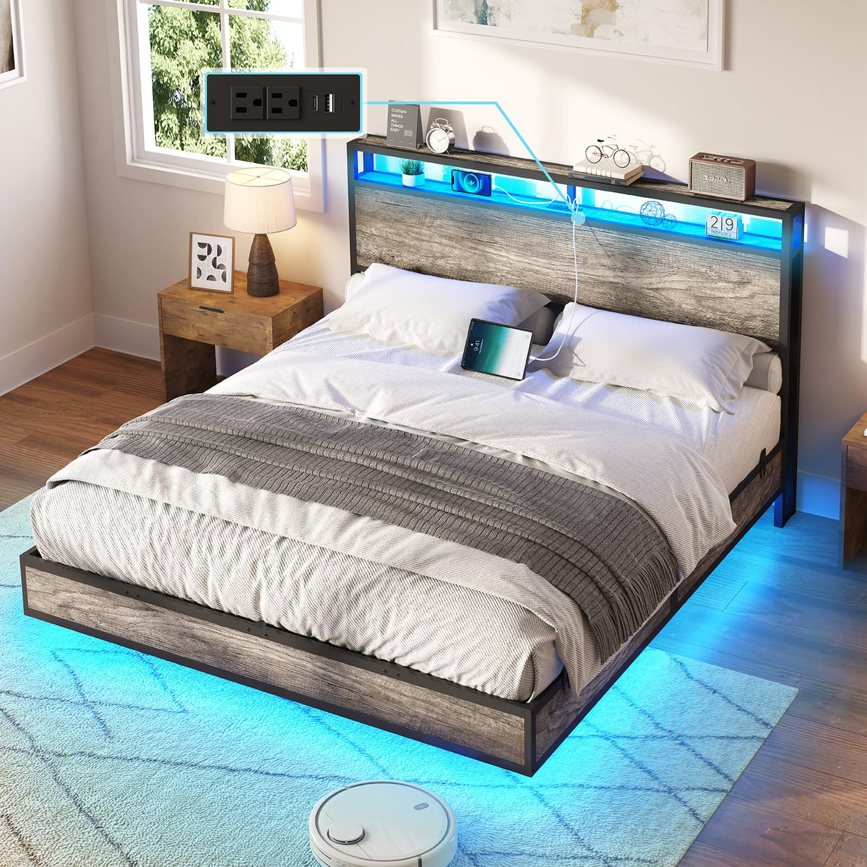 AMERLIFE Queen Size Floating Bed Frame with LED Lights and Storage Headboard in Rustic Grey AMERLIFE