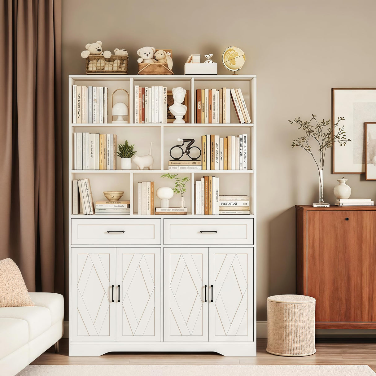 Wanttii Large Bookshelves and Bookcase with Doors, 8-Tier Wooden Bookshelves with Cabinet Doors, Tall Storage Cabinet for Home Office, Living Room, Bedroom (Industrial White) Wanttii