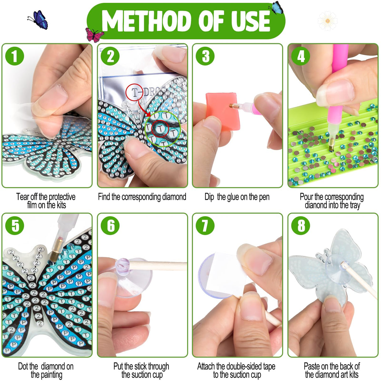 Wivico 8 Pcs Butterfly Diamond Art Kits for Adults,Small Butterfly Stakes Diamond Painting Craft for Garden Home Decoration Wivico