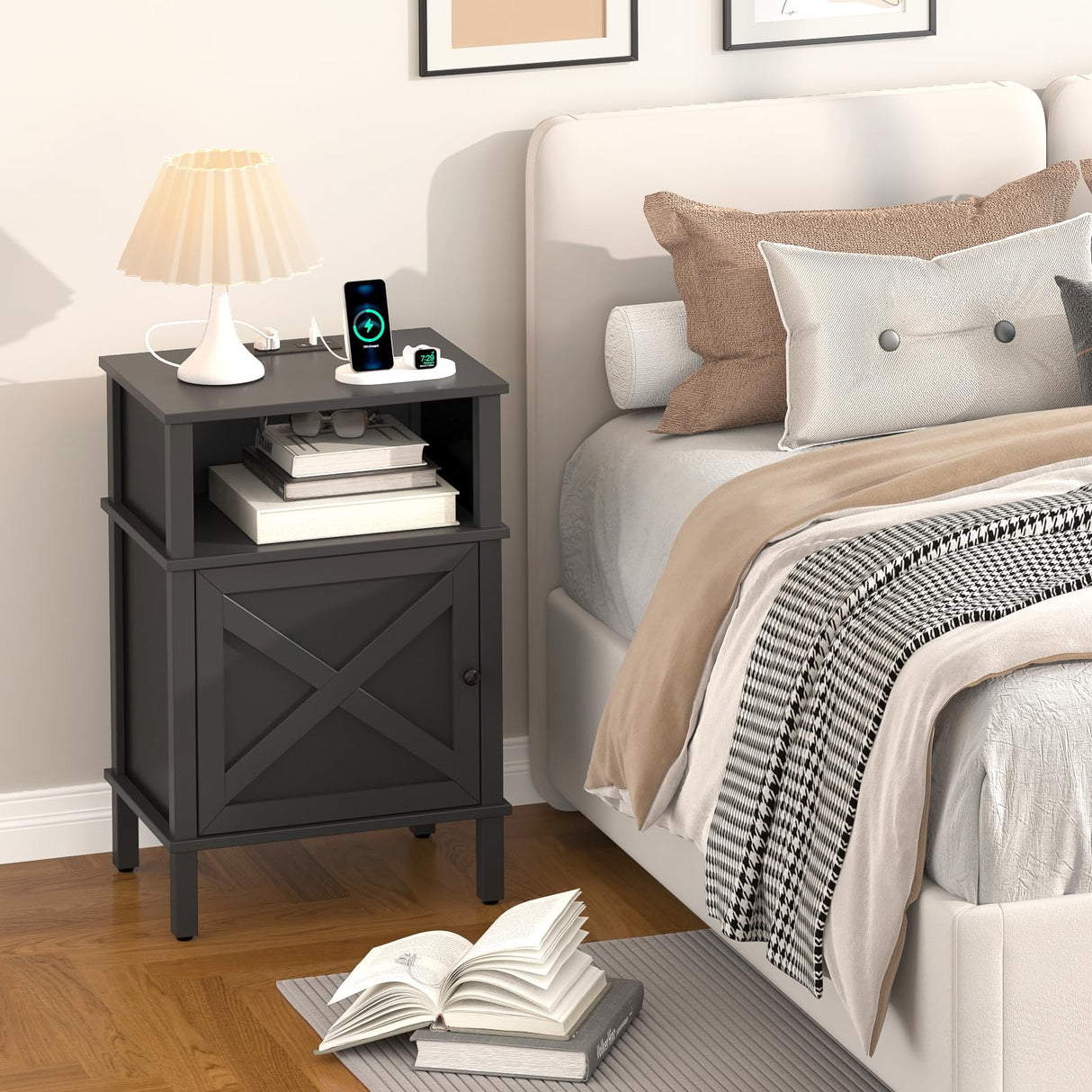 CIILAAILE Nightstand with Charging Station, Farmhouse Nightstand, end Table with 2 Tiers Storage Space and Storage Cabinet, Sofa Side Tables for Bedroom, Living Room BZ0601BKE CIILAAILE