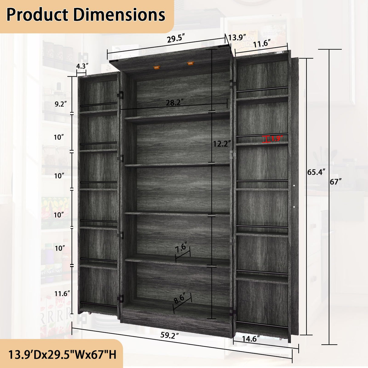Vrmuxita Tall Kitchen Pantry Cabinet: Food Pantry Cabinets for Kitchen Storage, Grey Wood Storage Cabinet with 2 Doors, Farmhouse Cabinets with Freestanding Cupboard (Grey) Vrmuxita