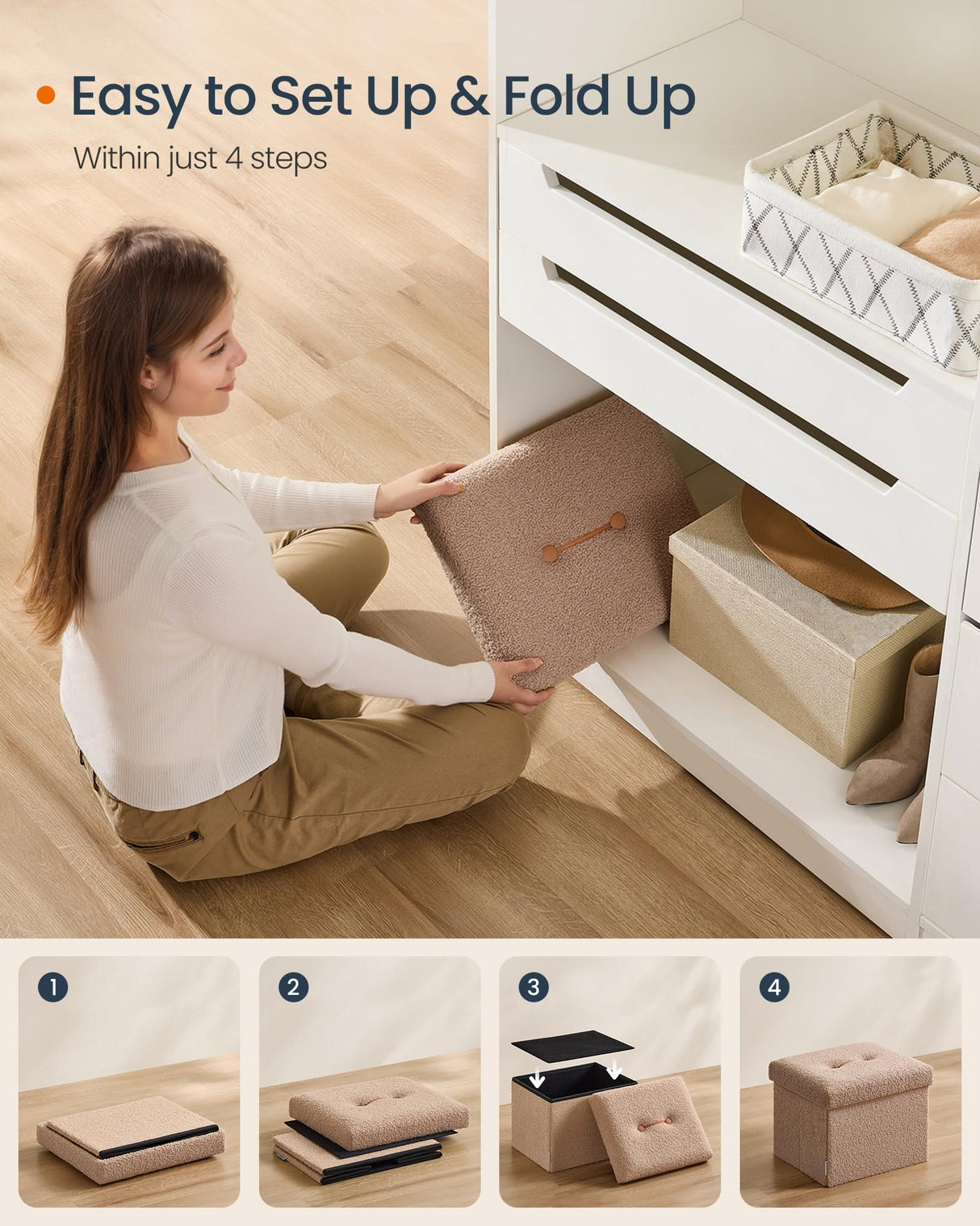 SONGMICS HOME Small Folding Storage Ottoman, Foot Rest Stool, 12.2 x 16.1 x 12.2 Inches, Ottoman with Storage, Load up to 286 lb, for Living Room, Bedroom, Dorm, Camel Brown ULSF094K01 SONGMICS HOME