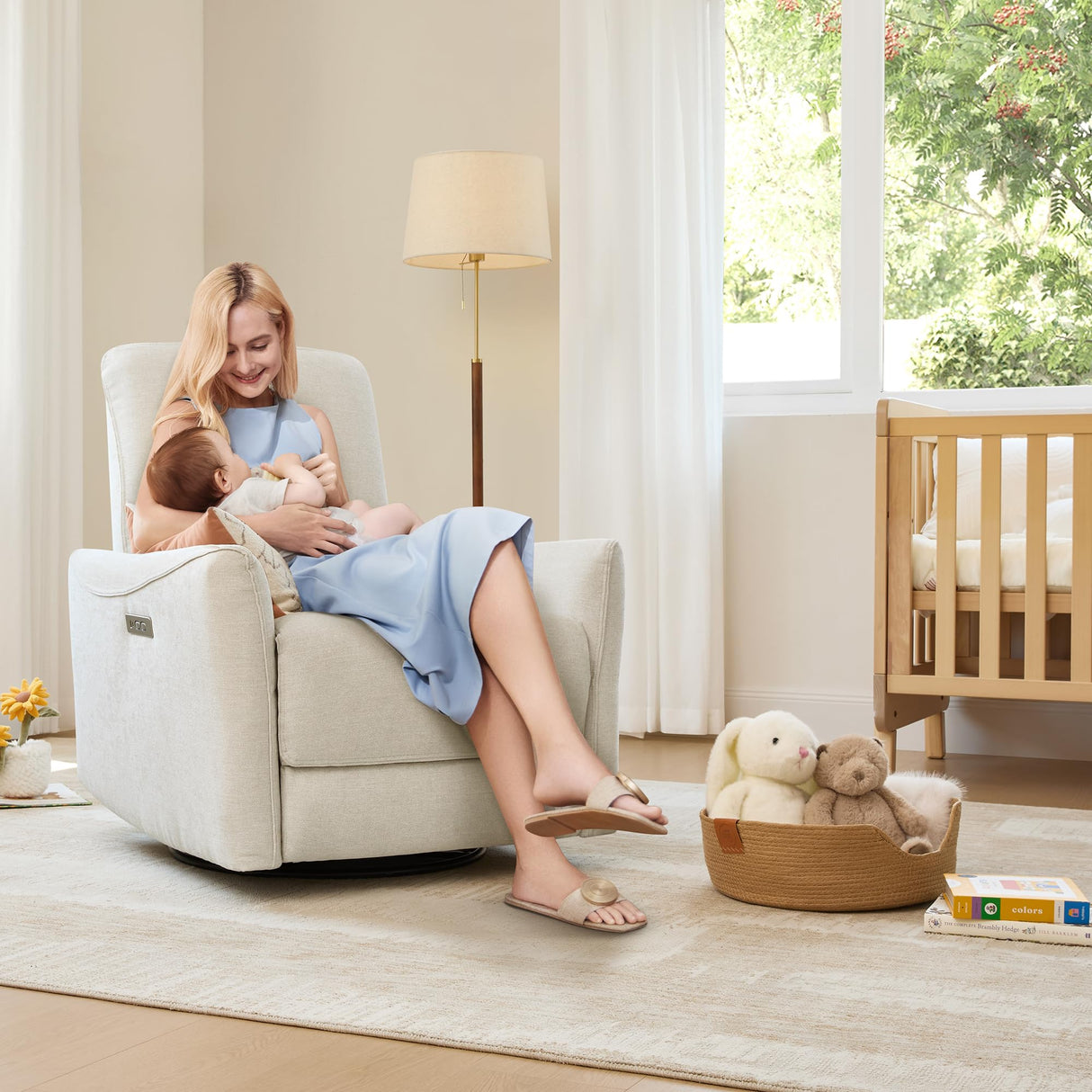 CHITA Power Recliner Chair Swivel Glider, FSC Certified Upholstered Living Room Nursery Reclining Sofa Chair with Lumbar Support, Linen CHITA