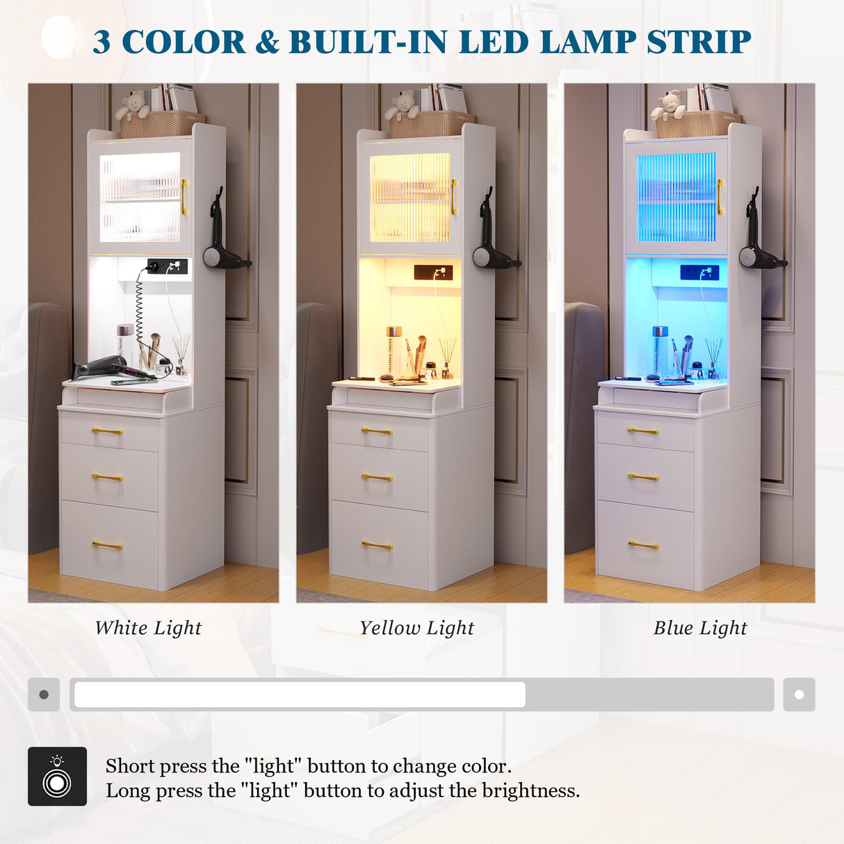 WOOVIVS Small Vanity Desk with Plip-up Mirror and Lights, Makeup Vanity Dresser with Charging Station, LED Vanities Dressing Table Set with Drawers&Stool for Bedroom,Checkroom (White,1PCS) WOOVIVS