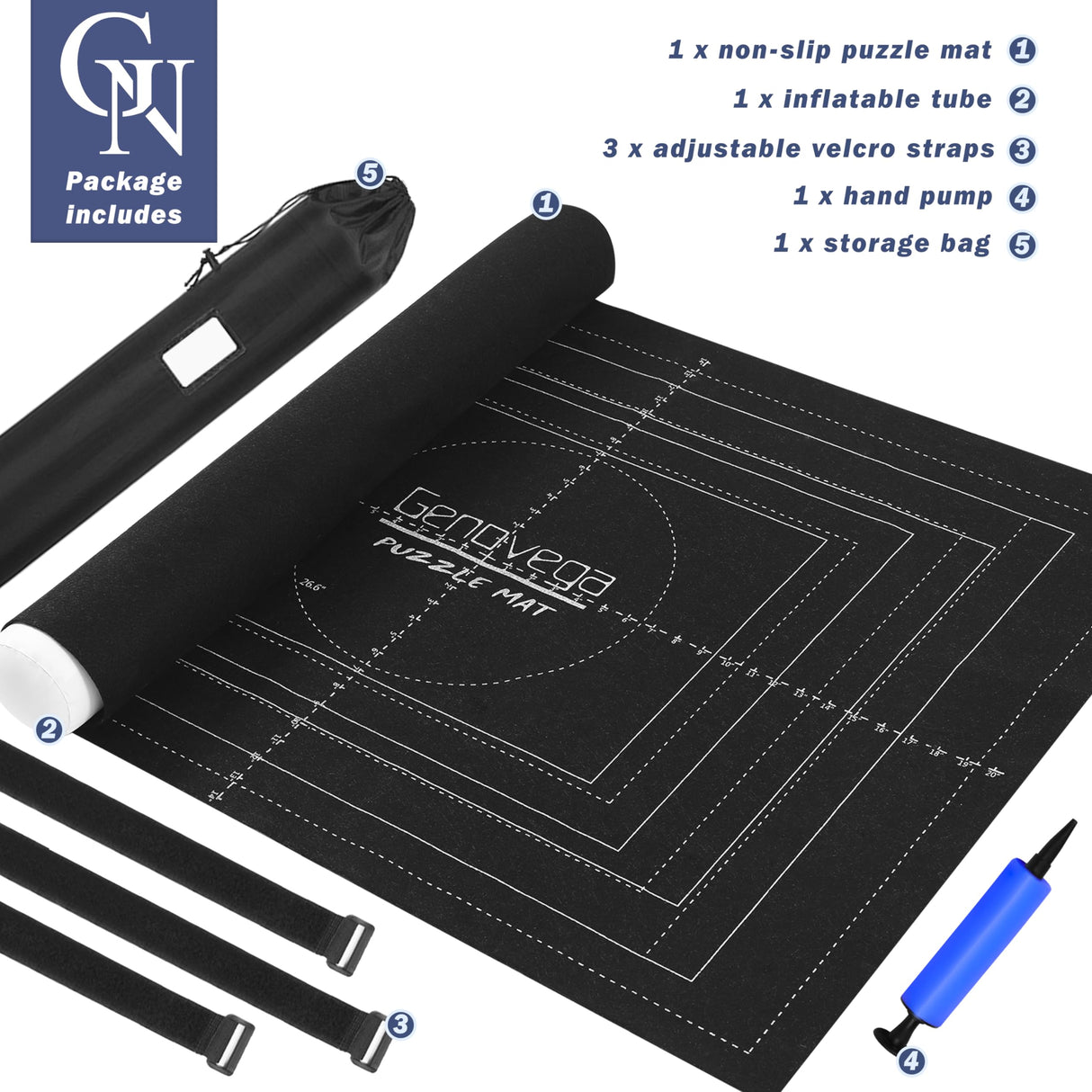 Jigsaw Puzzle Mat Roll Up Fits 2000 1500 1000 Pieces Puzzles, Large Pad Table Non-Slip Board Saver Mats Portable Organizer, 41" x 29" + Inflatable Tube, 3 Straps, Keeper Storage Bag, Adults Kids Gifts Genovega