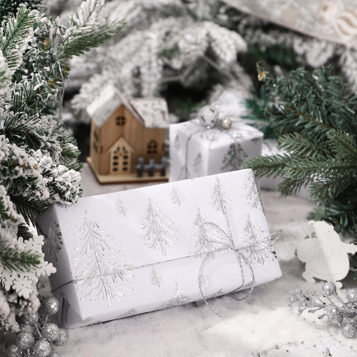 WRAPAHOLIC 3D Kraft Christmas Wrapping Paper Roll - Mini Roll - 17 Inch x 16.5 Feet - Silver and White Christmas Tree Wrapping Paper with Embossed Perfect for Holiday, Party Celebration WRAPAHOLIC