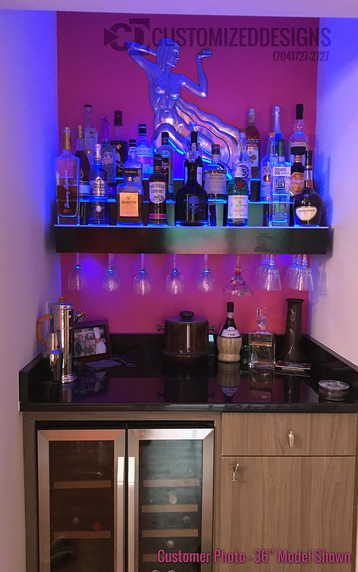 Customized Designs 3 Tier Wall Mounted Liquor Bottle Shelving w/Wine Glass Slots & LED Lighting (42) Customized Designs