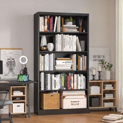 OSEILLC Bookshelf, Metal 5 Tier Industrial Bookshelves, 14" Deep Book Case for Book/Decor/CD/Movie, Adjustable Book Shelf, 66" Tall Modern Bookshelf for Bedroom Living Room Home Office School, Black