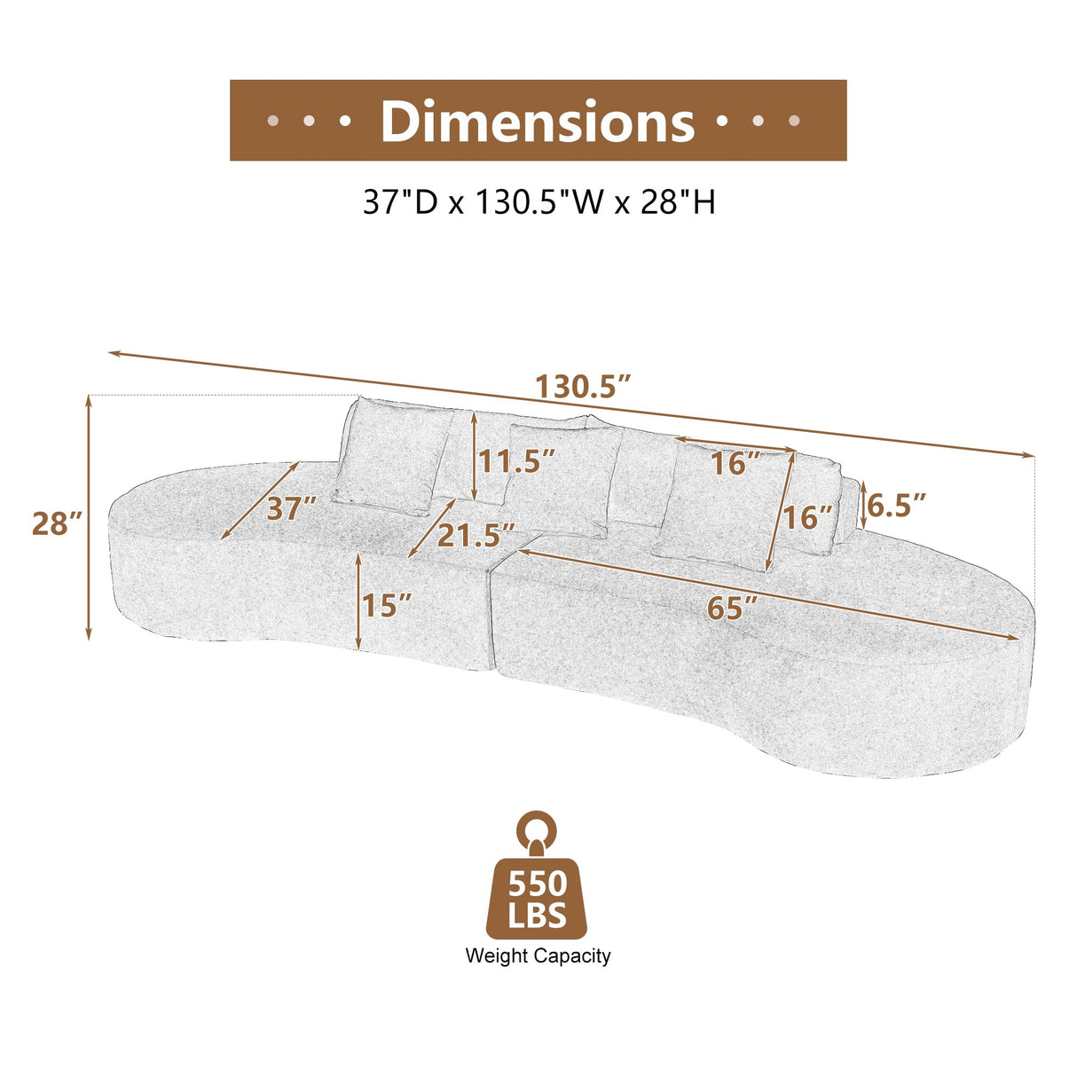 GNIXUU 130.5" Oversized Curved Sectional Sofa for Living Room, Modern Luxury TerryCloth Boneless 4 Seater Cloud Couch with Half Moon Design & 3 Pillows, Modular Memory Foam Couches, No Assembly, Black GNIXUU