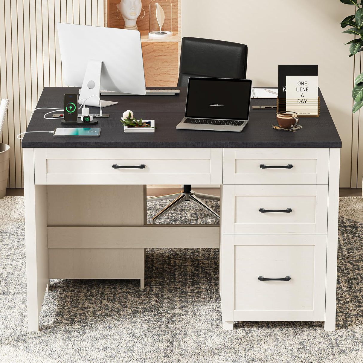 Vabches Farmhouse 47" Executive Desk, Computer Desk with File Drawer and Charging Station, Workstation for Home Office, Study,(Black). Vabches