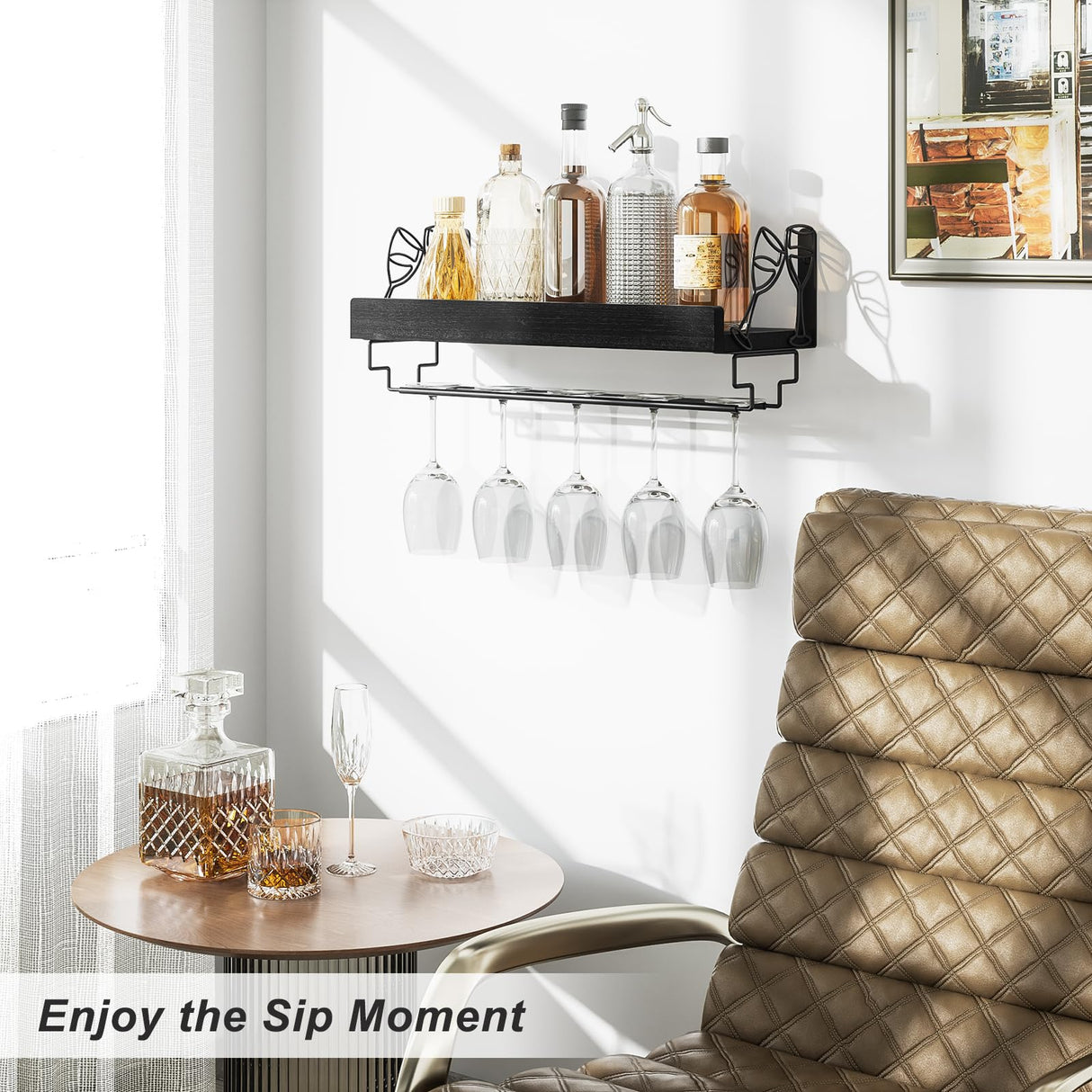 Love-KANKEI Wine Rack with Stemware Hanger, 17inch Wine Glass Rack, Floating Shelf Wall Mounted, Wood Wall Shelf for Kitchen, Dinning Room, Home Bar, Living Room etc, Pitch Black Love-KANKEI