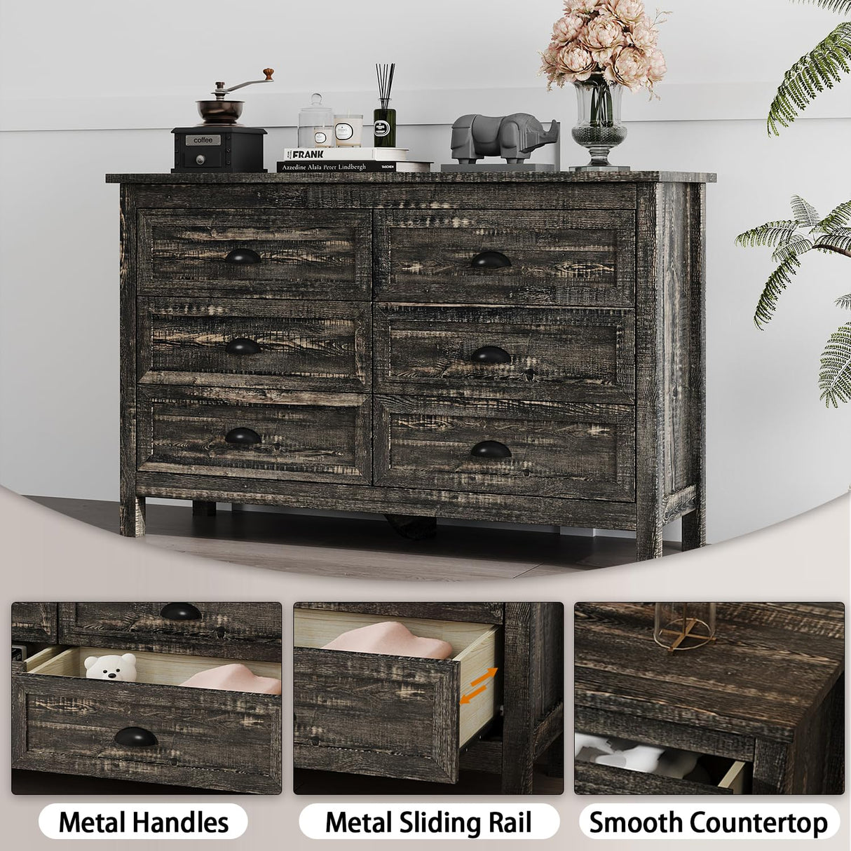 Modern Farmhouse Wood Dresser for Bedroom, Rustic 6 Drawer Dresser with Vintage Black Antique Handle, Double Dresser and Chest of Drawers for Hallway, Rustic Brown Oak HOUROM