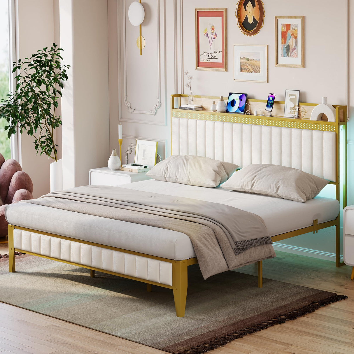 GAOMON King Bed Frame with Charging Station, LED Bed Frame with Storage Headboard, Upholstered Platform Bed Frame, No Box Spring Needed, Easy Assembly, White&Gold GAOMON