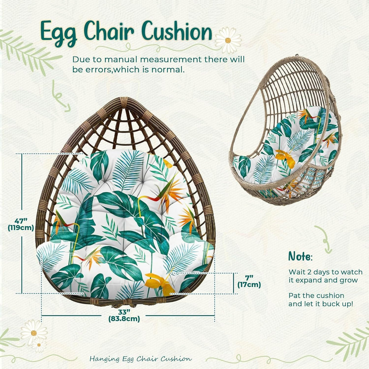 Uthem Waterproof Egg Chair Cushion Replacement Outdoor Hanging Egg Chair Cushion 47x35x7 Inches Thicken Chair Cushions with Ties, Yellow-Green Leaf Uthem