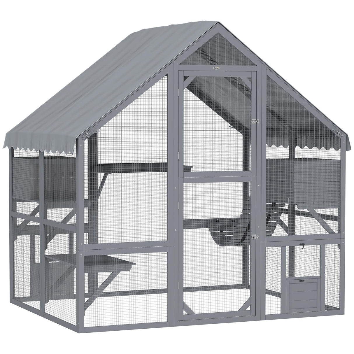 PawHut Large Catio Outdoor Cat Enclosure for Multiple Kittens, Wooden Cat House with Waterproof Cover, Walk in Kitty Cage Kennel with 2 Condos, 4 Platforms, Bridge, Doors, 73" x 55" x 74", Gray PawHut
