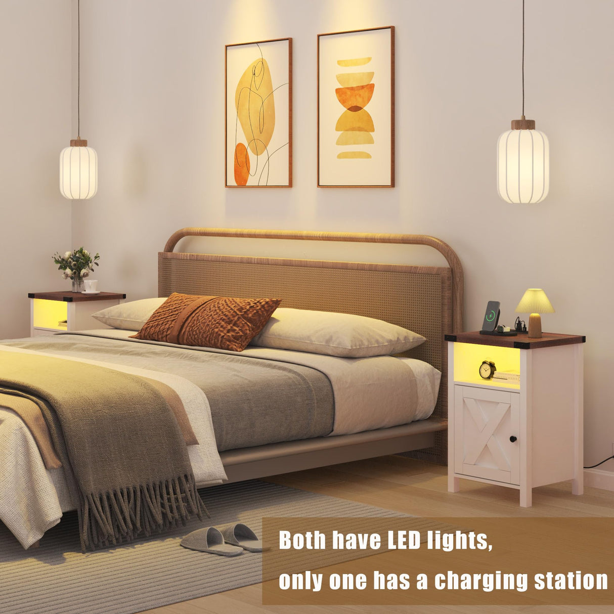 Hlivelood Farmhouse LED Nightstand Set of 2 with Charging Station, Rustic End Table with Barn Door & Storage Shelf, Bedside Table for Bedroom, Living Room, White Hlivelood