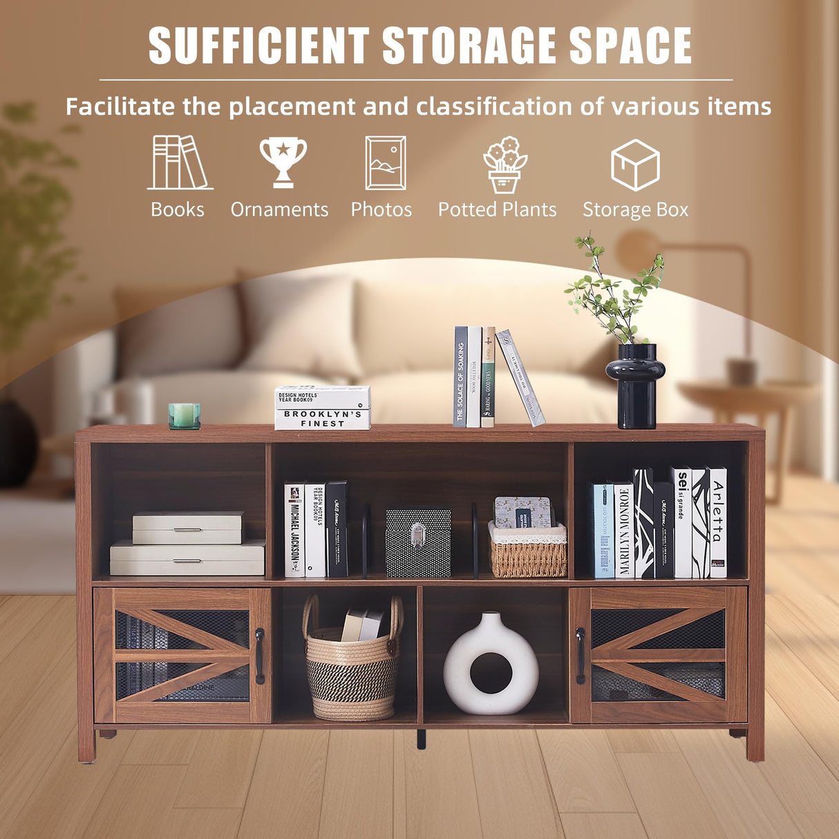 DUDUSHIMAN 8 Cube Storage Organizer Bookshelf with 2 Doors, 2-Tier Mid Century Modern Bookcase, 63" Long Horizontal Cubby Shelf, Wood Bookcase for Small Spaces Living Room DUDUSHIMAN