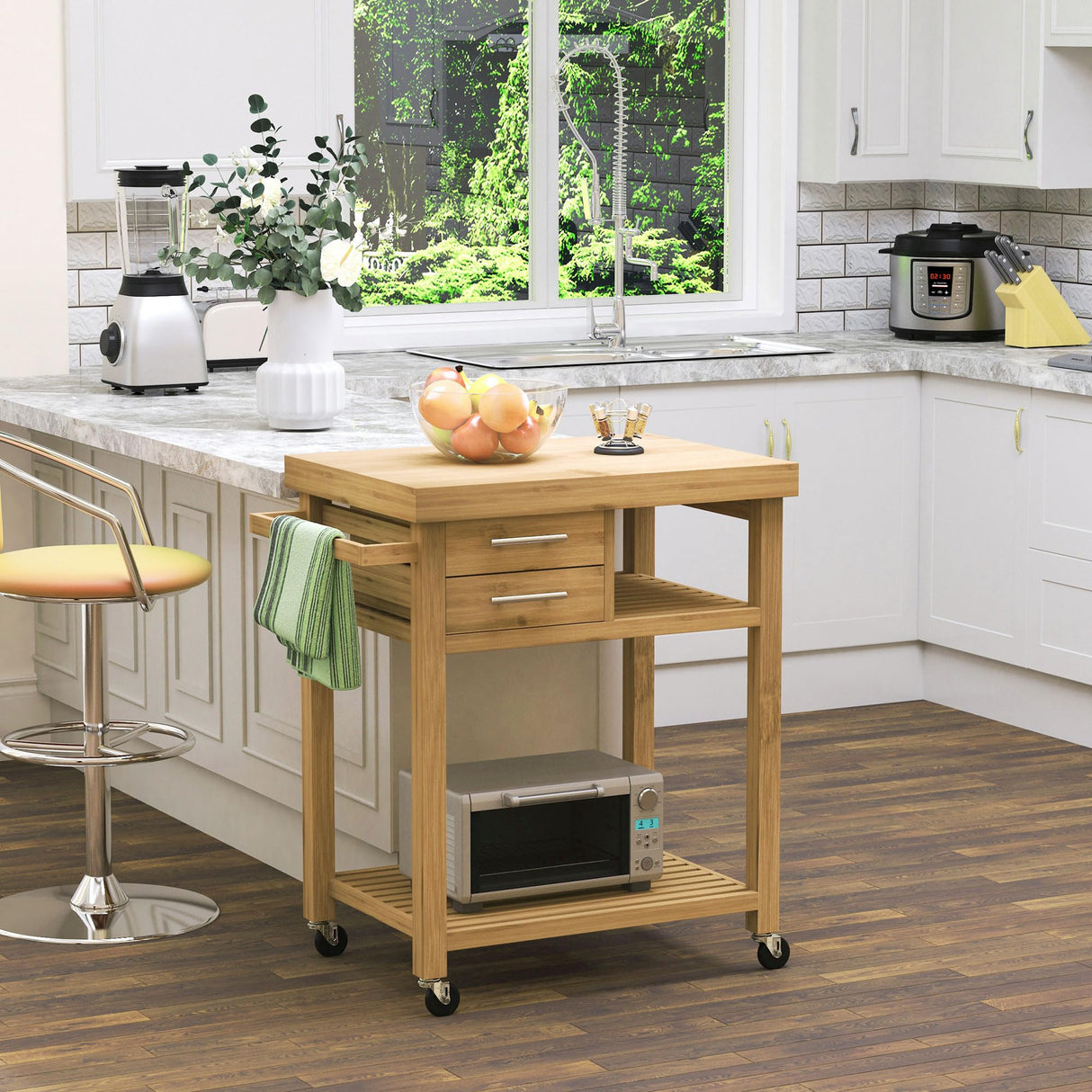 HOMCOM Bamboo Kitchen Island Cart on Wheels, Utility Trolley Cart with 2 Storage Drawers and Open Shelves, Natural HOMCOM