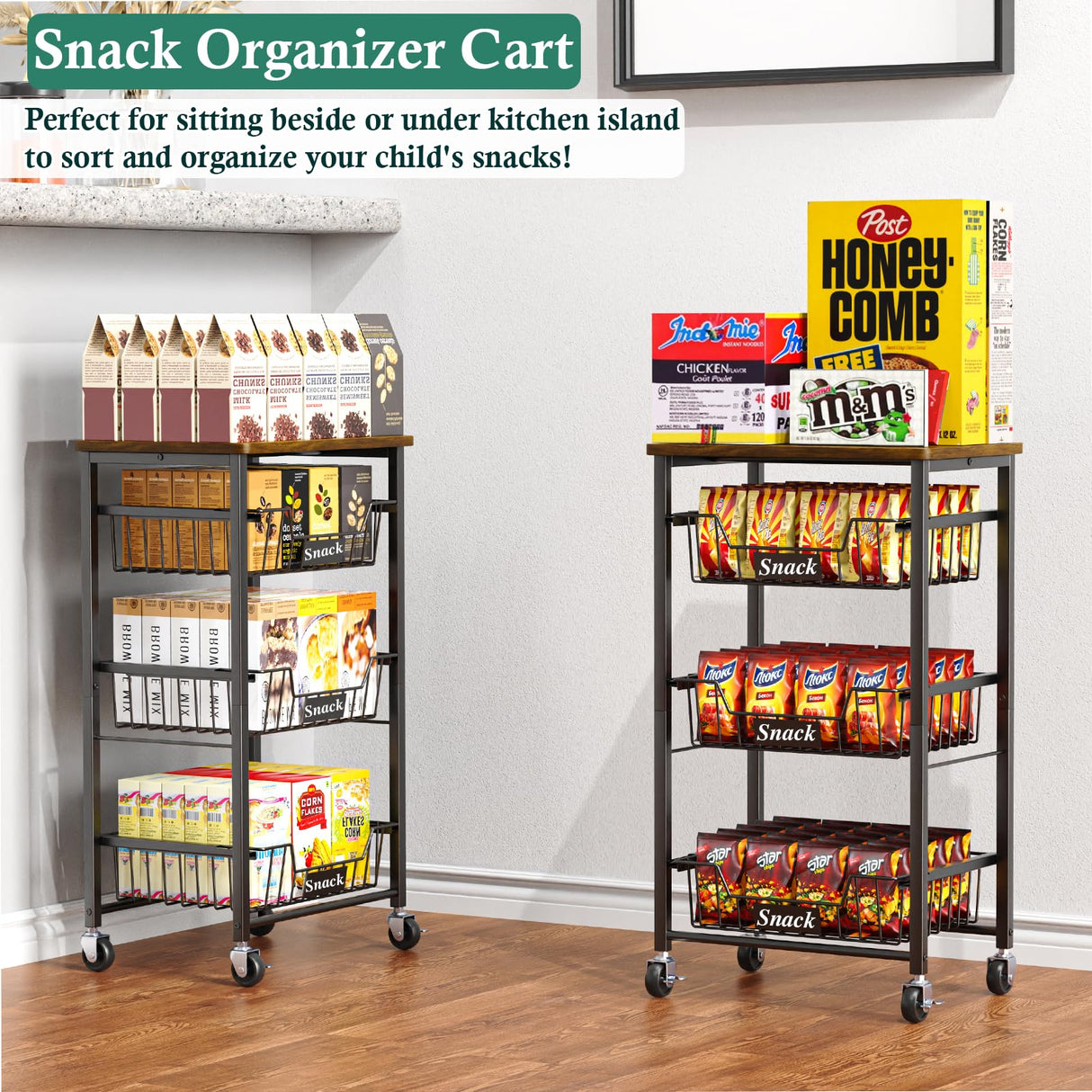 OKZEST 4-Tier Small Kitchen Storage Cart on Wheels, Metal Fruit Basket Stand with Pull-Out Baskets & Wood Top for Potato Onion Produce Snack Veggies OKZEST