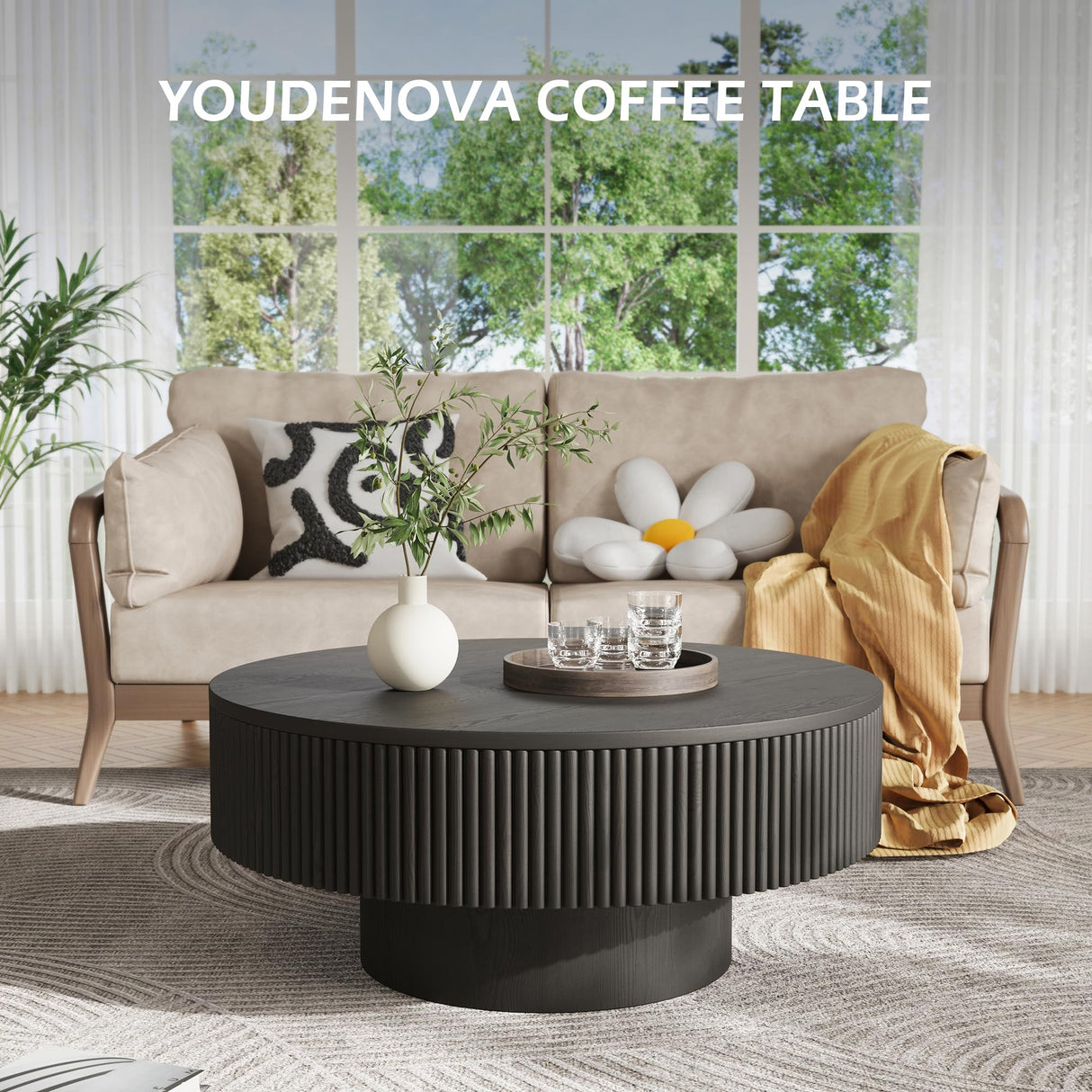 YOUDENOVA 31.5” Round Fluted Coffee Table, Modern Wood Circle Coffee Table, Veneer Handcrafted Relief Tea Table with Sturdy Pedestal for Living Room,Easy Assembly - Black YOUDENOVA