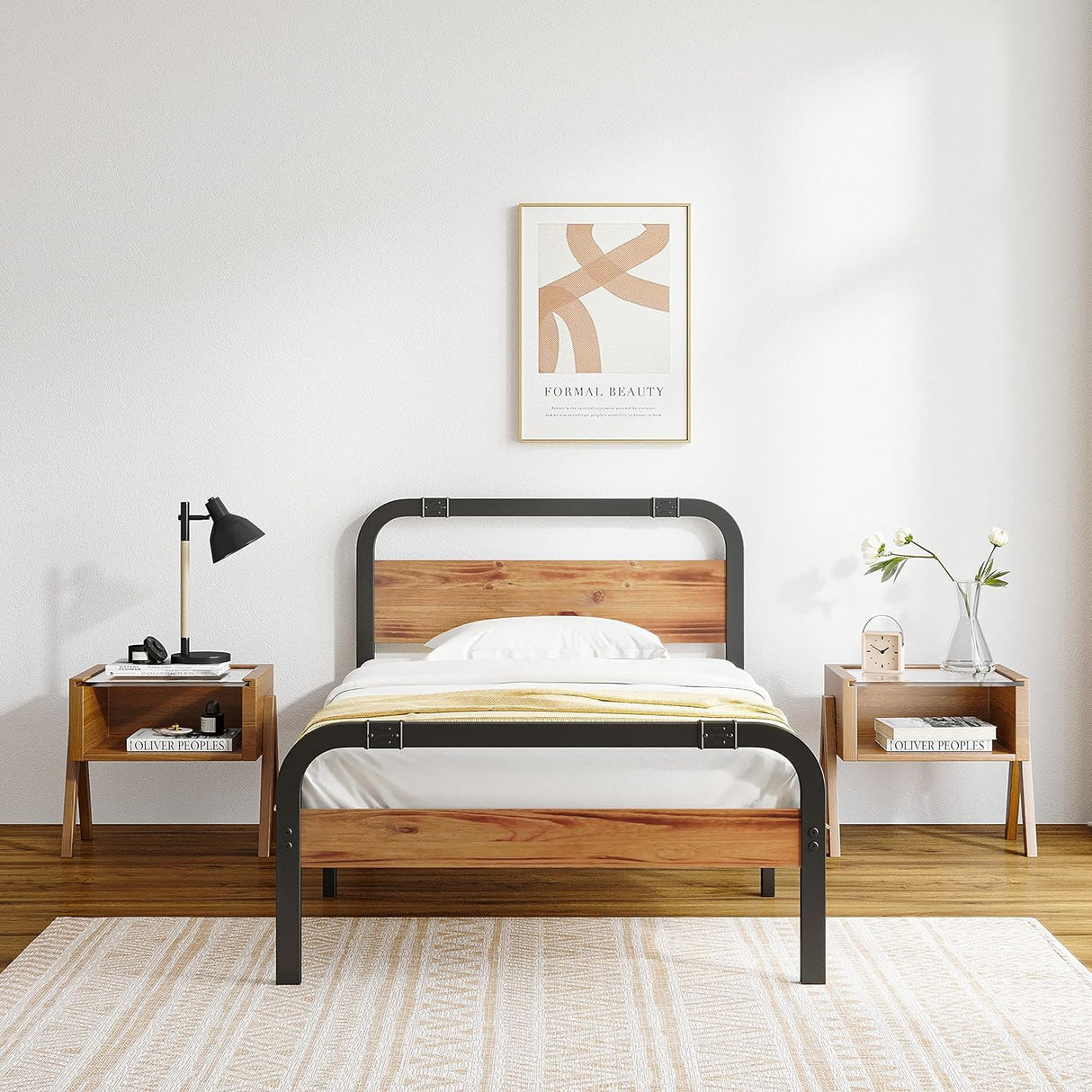 ZIYOO Industrial Style Twin Size Metal Bed Frame with Solid Wood Headboard and Footboard, 14 Inch High Heay Duty Steel Slats Support No Box Spring Needed,Easy Assembly Structure ZIYOO