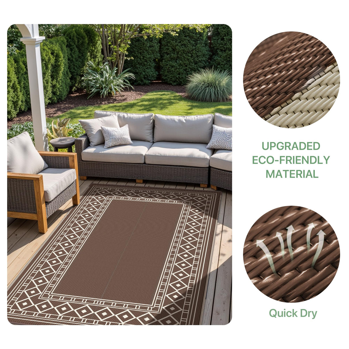 GENIMO Outdoor Rug Waterproof for Patio Decor, 6'x9' Foldable Reversible Plastic Straw Carpet for Travel Trailers, Outside Area Mat for Rv, Deck, Picnic, Porch, Camper, Balcony, Beach, Coffee & Beige GENIMO