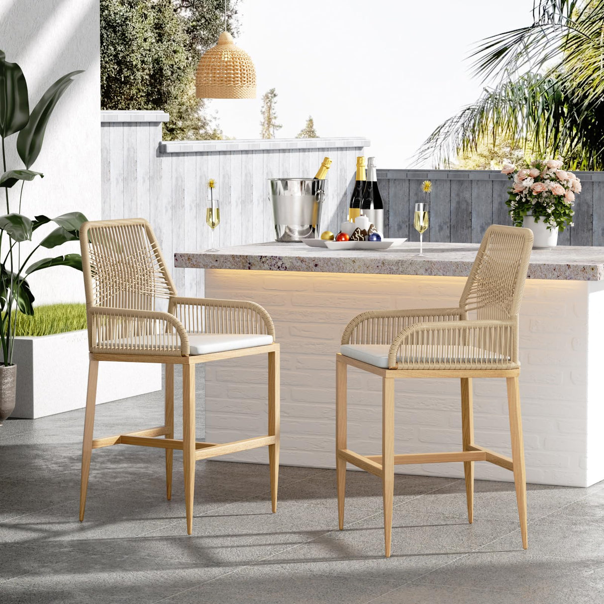 Halitaa Bar Stools Set of 2, Counter Height Barstools with Backrest and Cushion, Modern Rattan Wicker Patio Stools for Kitchen Patio Balcony Pool Outdoor Accent Counter Chairs, White Halitaa