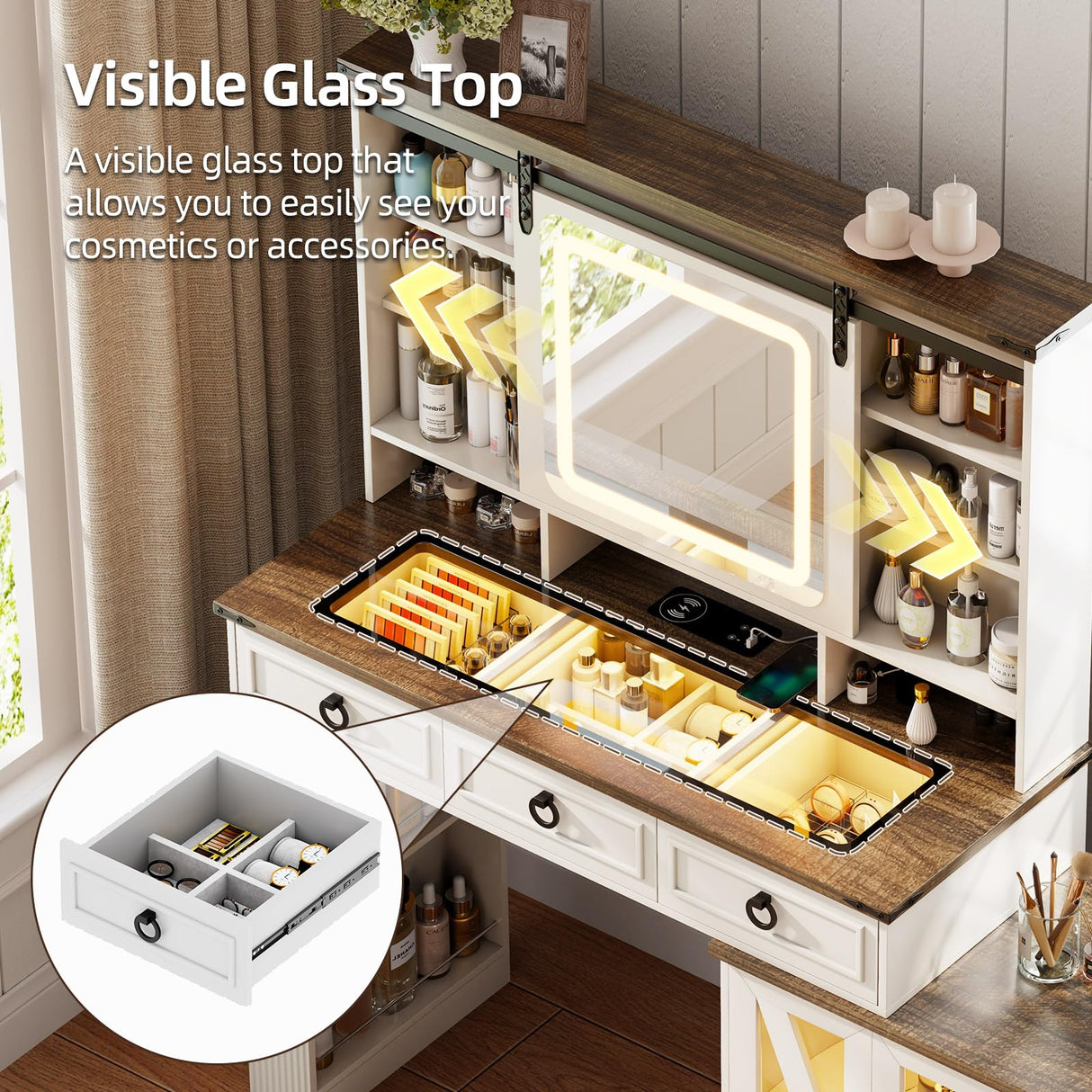 MDGC 60" W Farmhouse Makeup Vanity Desk with Sliding Mirror and Lights, Charging Glass Top Large Vanity Table with Jewelry Storage,Vanity Set with 6 Drawers,10 Shelves,Side Storage Cabinet,White MDGC