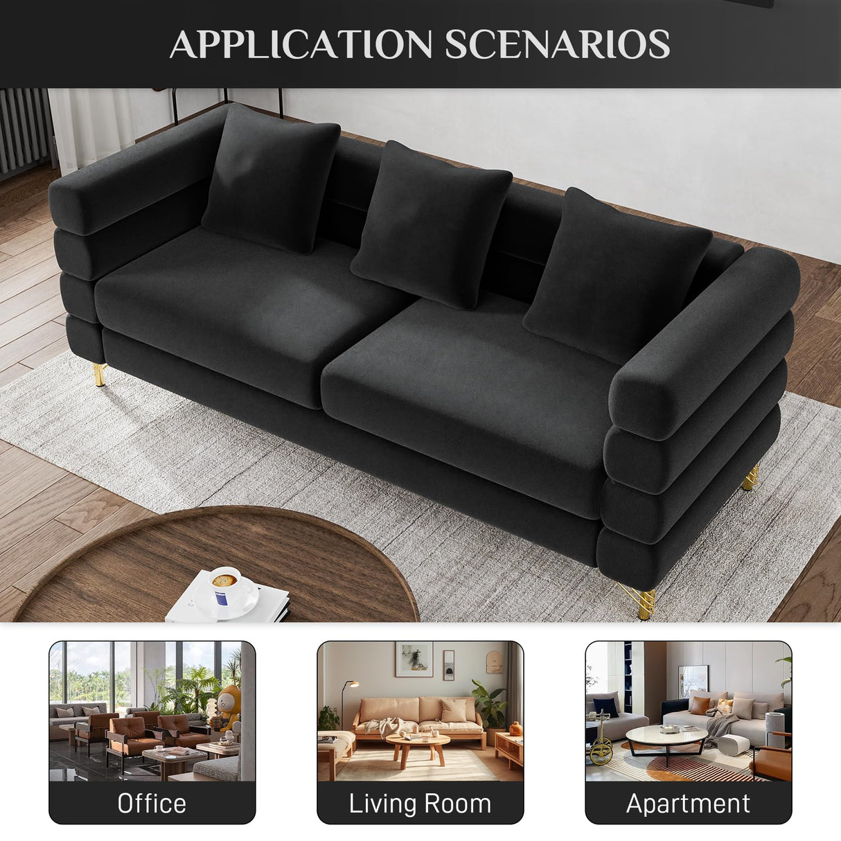OUYESSIR Cloud Sofa Couch for Living Room, 79" Comfy Deep Seat Velvet Sofa with 3 Pillows and Gold Legs, Modern Upholstered 3 Seater Large Loveseat for Bedroom Office, Dark Black Velvet OUYESSIR