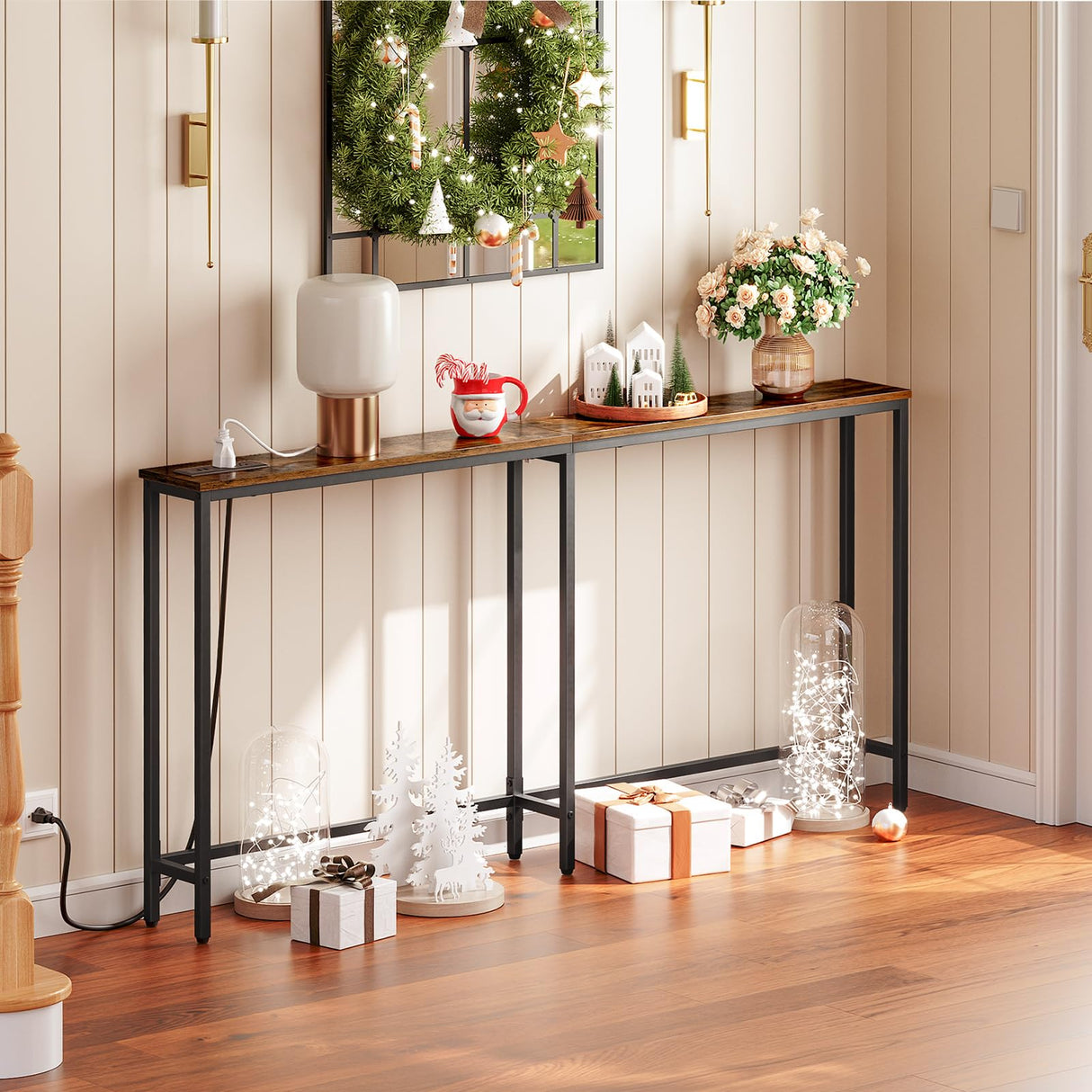 HOOBRO 5.9" Skinny Console Table with Charging Station, 63" Narrow Console Table with Power Outlets, Long and Thin Sofa Table, Slim Entryway Table, Rustic Brown BF165UXG01 HOOBRO