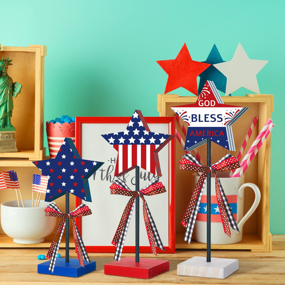 3 Pcs 4th of July Stars Decoration Patriotic Centerpieces Wooden Standing Star Block Memorial Day Decoration Rustic Independence Day Centerpieces for American Festival Home (Bright Style) Amyhill