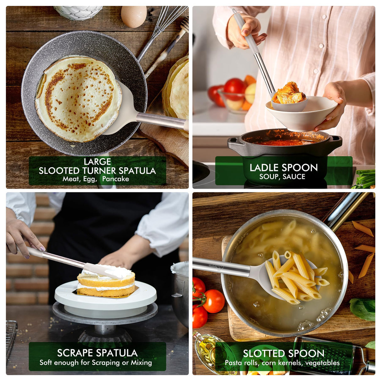 HOTEC Heat Resistant Silicone Kitchen Utensils, Cooking Utensil Set, Spatula Set, BPA Free, Kitchen Gadgets, With Stainless Steel Utensils Holder, Dishwasher Safe 14pcs Khaki HOTEC