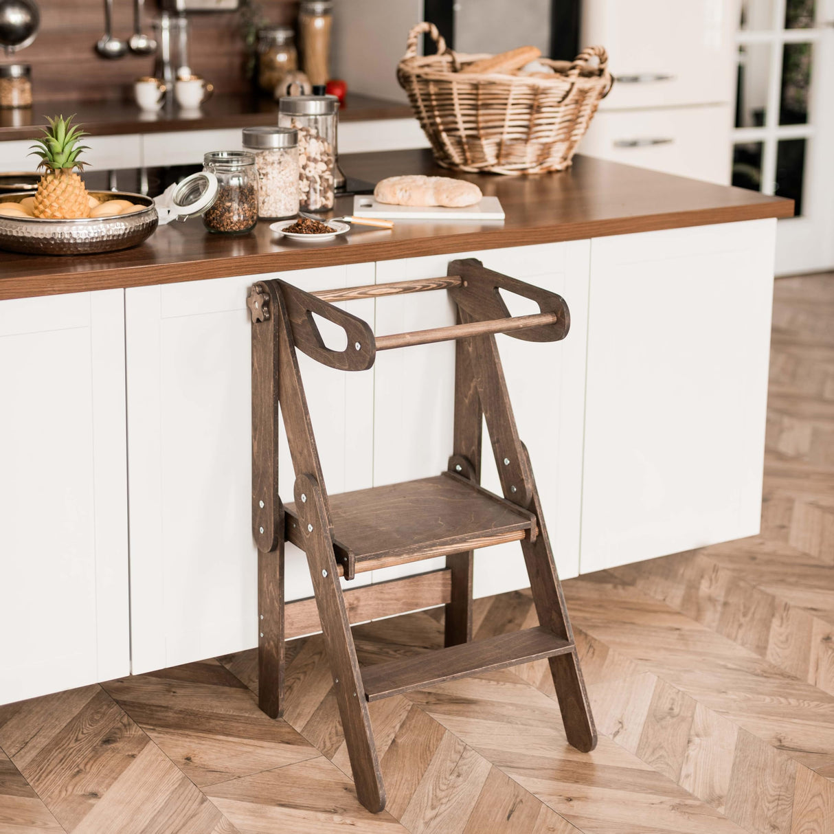 Montessori Toddler Tower Foldable Kitchen Helper Stool for Toddlers Wooden Stepping Stools for Kids Learning Towers for Bathroom and Kitchens (Dark Walnut, Montessori Tower) Enjoy The Wood