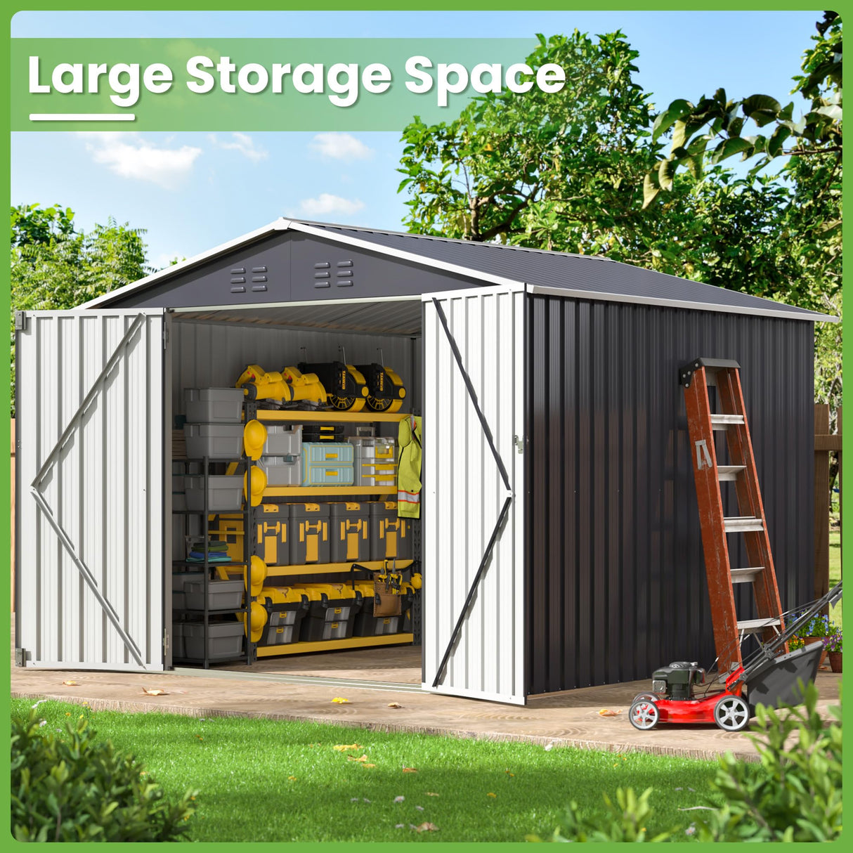 Besteagle 8x8 FT Outdoor Storage Shed, Utility Metal Tool Storage with Lockable Doors and Updated Frame Structure, Large Metal Garden Shed for Backyard, Patio Lawn, Black Besteagle