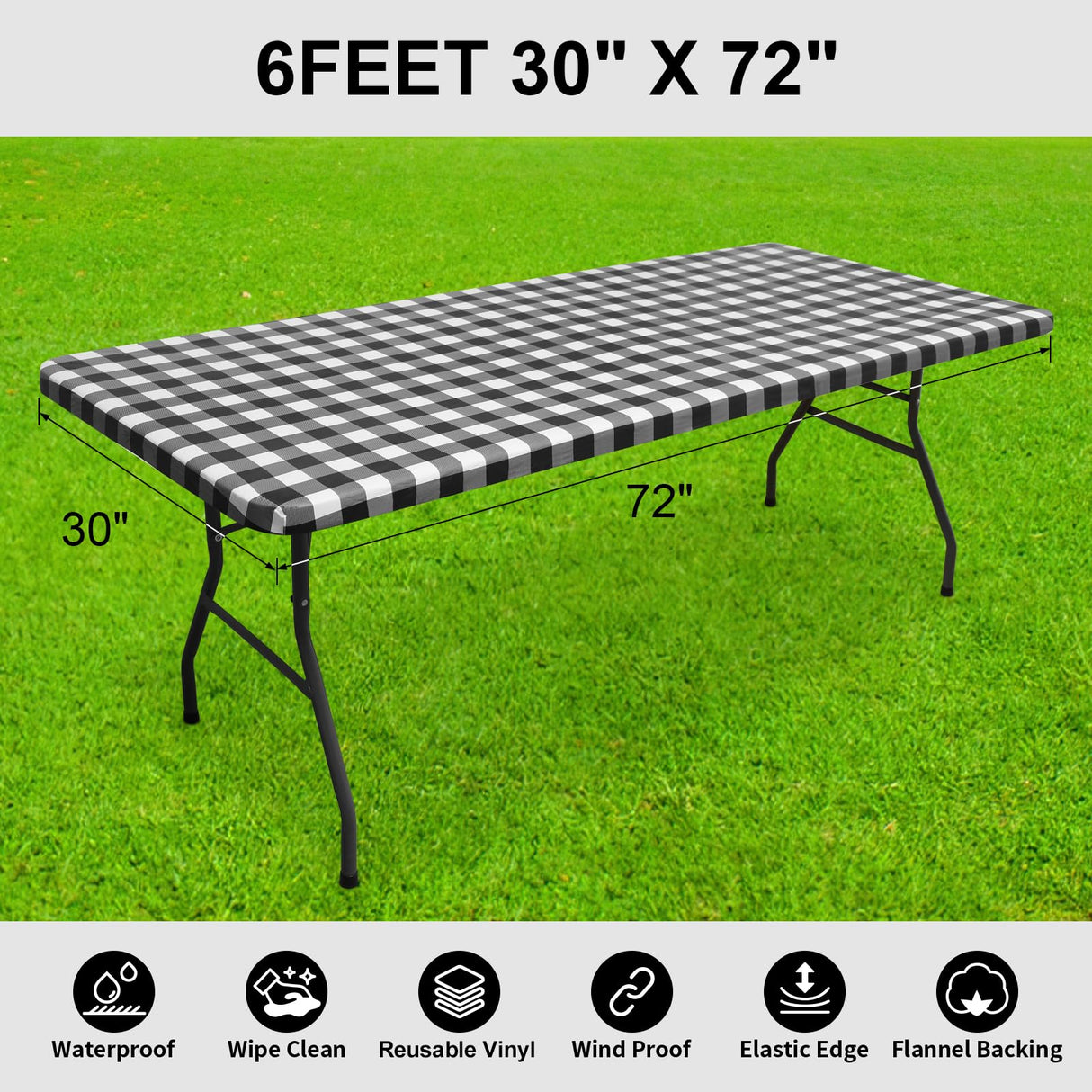 Smiry Rectangle Picnic Table Cloth, Elastic Waterproof Fitted Vinyl Tablecloth for 6 FT Tables, Flannel Backed Buffalo Plaid Table Covers for Dining, Camping, Outdoor (Black and White, 30" x 72") Smiry