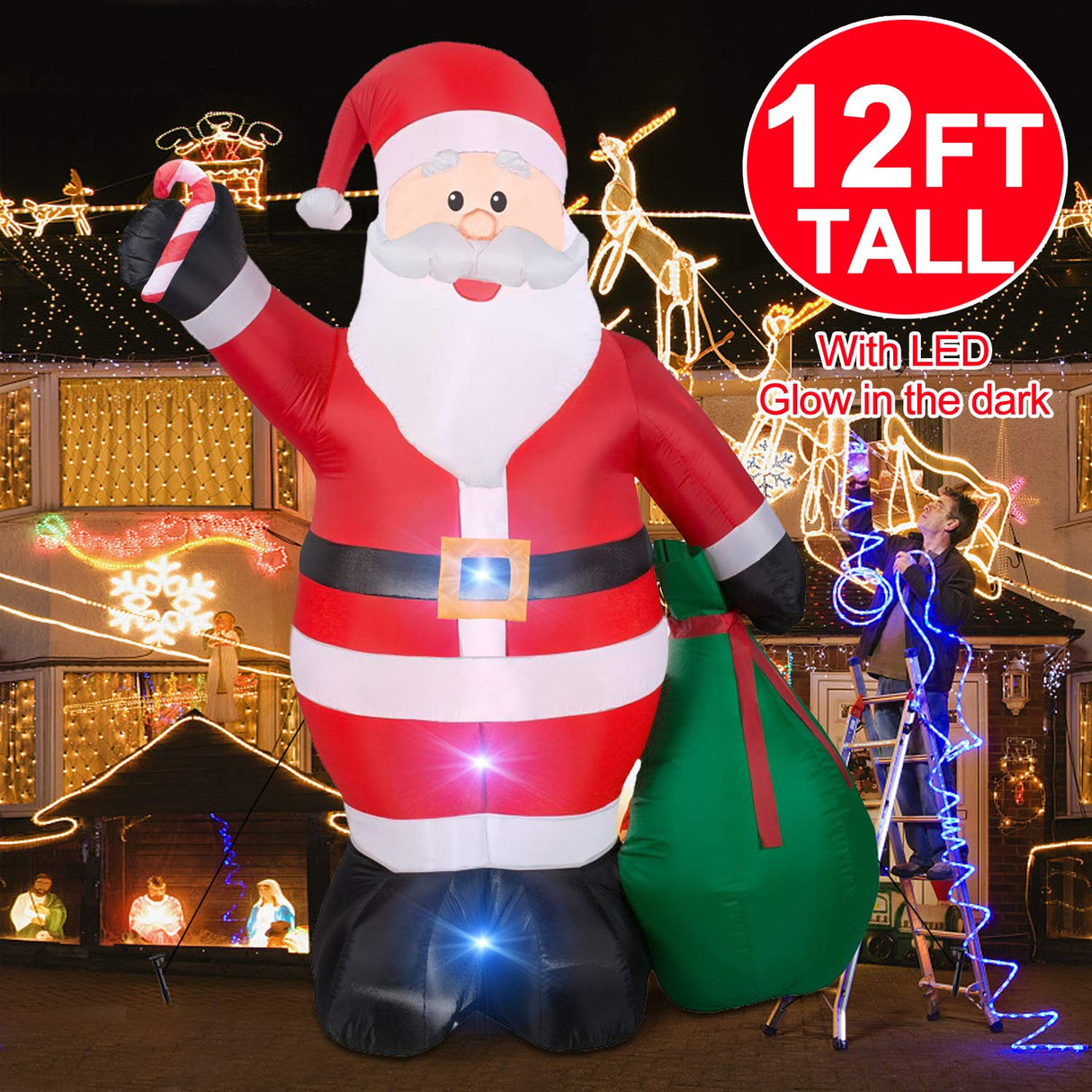 12 Ft by 7.6 Ft Giant Christmas Inflatables Decorations Outdoor Santa Claus with Gift Bag with LED Light for Christmas Blow Up Yard Decor for Lawn Garden Party Holiday Xmas Decorations Cute Fun TURNMEON
